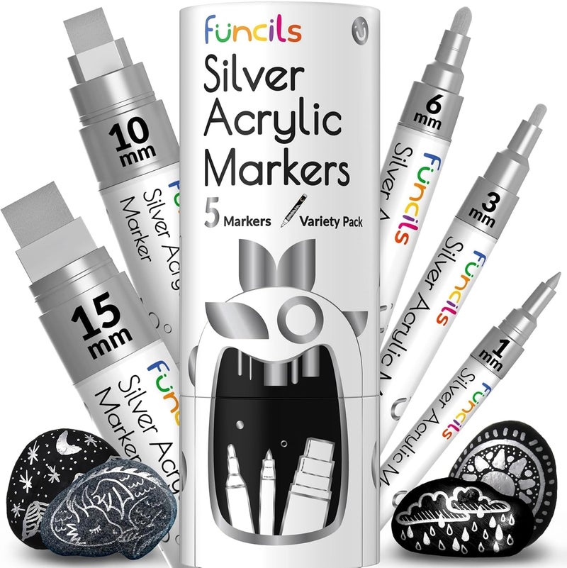 Funcils 5 Acrylic Silver Paint Pen - Silver Marker Metallic Paint Pens for Fabric, Wood, Canvas, Leaf, Metal, Glass, Plastic - Permanent Pen Fine Tip, Thin Point & Jumbo (1mm, 3mm, 6mm, 10mm, 15mm) - Image 1